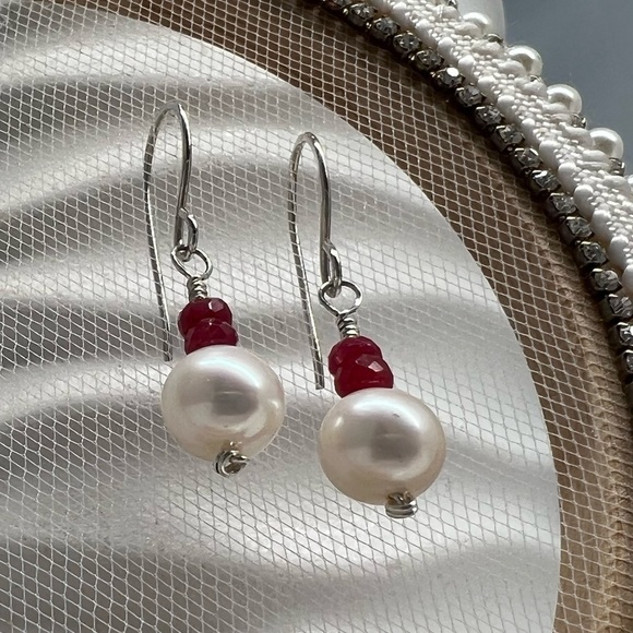 ARTISAN Ruby & Freshwater Pearl Sterling Silver Earrings - Picture 2 of 12